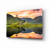 Highland Castle Sunset Reflection Glass Wall Art - 72x46 cm