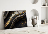 Elegant Black Gold Marble Swirl Glass Wall Art