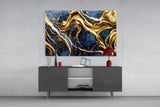 Elegant Gold Swirls on Navy Glass Wall Art