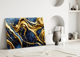 Elegant Gold Swirls on Navy Glass Wall Art