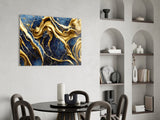 Elegant Gold Swirls on Navy Glass Wall Art