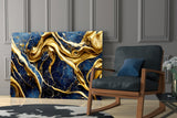 Elegant Gold Swirls on Navy Glass Wall Art