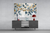 Elegant Gold & Blue Leaves Glass Wall Art