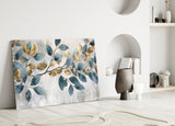 Elegant Gold & Blue Leaves Glass Wall Art