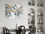 Elegant Gold & Blue Leaves Glass Wall Art