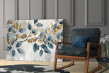 Elegant Gold & Blue Leaves Glass Wall Art