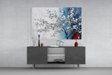 Elegant Silver Tree on Blue Glass Wall Art