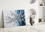 Elegant Silver Tree on Blue Glass Wall Art