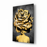 Golden Rose Head Glass Wall Art