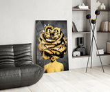 Golden Rose Head Glass Wall Art