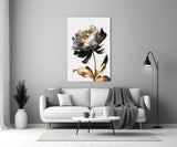 Elegant Black & Gold Peony Glass Wall Art