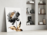 Elegant Black & Gold Peony Glass Wall Art