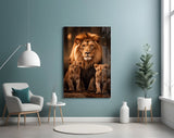 Lion Family in Shadows Glass Wall Art