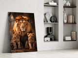 Lion Family in Shadows Glass Wall Art