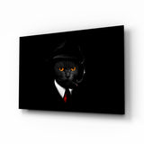 Elegant Black Cat in Suit Glass Wall Art