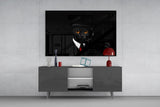 Elegant Black Cat in Suit Glass Wall Art