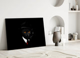 Elegant Black Cat in Suit Glass Wall Art