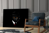 Elegant Black Cat in Suit Glass Wall Art