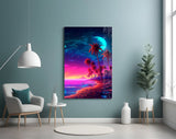 Neon Palm Night Glass Wall Art