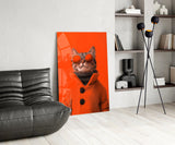 Cool Cat in Red Coat Glass Wall Art
