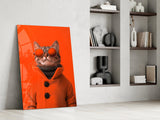 Cool Cat in Red Coat Glass Wall Art