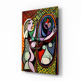Kubistische Frau vor dem Spiegel mit leuchtenden Rauten Glasbild - 72x46 cm