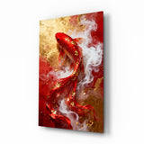 Elegant Red Koi Fish in Gold Glass Wall Art