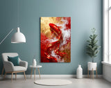 Elegant Red Koi Fish in Gold Glass Wall Art