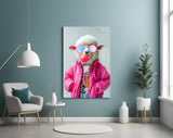 Funky Sheep in Pink Glass Wall Art