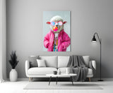 Funky Sheep in Pink Glass Wall Art