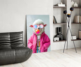 Funky Sheep in Pink Glass Wall Art