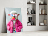Funky Sheep in Pink Glass Wall Art