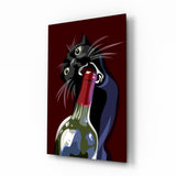 Black Cat with Wine Bottle Glasbild - 72x46 cm