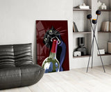 Black Cat with Wine Bottle Glass Wall Art