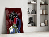 Black Cat with Wine Bottle Glass Wall Art