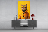 Cool Cat in Orange Coat Glass Wall Art