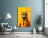 Cool Cat in Orange Coat Glass Wall Art