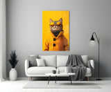 Cool Cat in Orange Coat Glass Wall Art