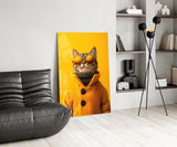 Cool Cat in Orange Coat Glass Wall Art