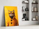 Cool Cat in Orange Coat Glass Wall Art