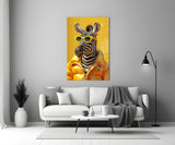 Zebra in Gold Puffer Jacket Glass Wall Art