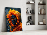 Flaming Sunflower Glass Wall Art