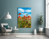 Poppy Field Butterflies Glass Wall Art