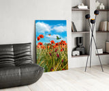 Poppy Field Butterflies Glass Wall Art