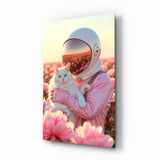 Space Cat in Pink Flowers Quadro su vetro - 72x46 cm