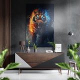Tiger in Fire Wandbild auf gebürstetem Aluminium-Dibond - 60x39 cm