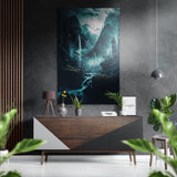 Cascada y río en valle turquesa neblinoso cuadro de aluminio cepillado Dibond - 60x39 cm
