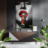 Red Lips Biting Lit Cigar Close Up Brushed Aluminum Dibond Wall Art - 60x39 cm
