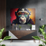 Chimpancé con lentes arcoíris y salpicaduras rojas y amarillas cuadro de aluminio cepillado Dibond - 60x39 cm