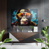 Striped Aviator Chimp Teal Splatter Brushed Aluminum Dibond Wall Art - 60x39 cm